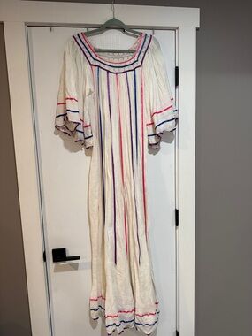 Collectables by Samantha ScottWhite Maxi Dress with Pink & Purple Stripe Accent